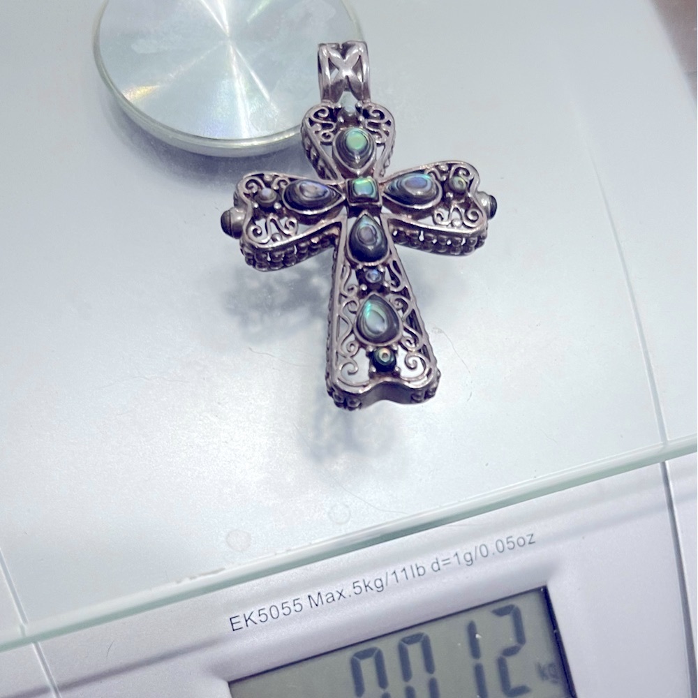 Vintage 925 Thailand Abalone Filigree 2” Cross 925